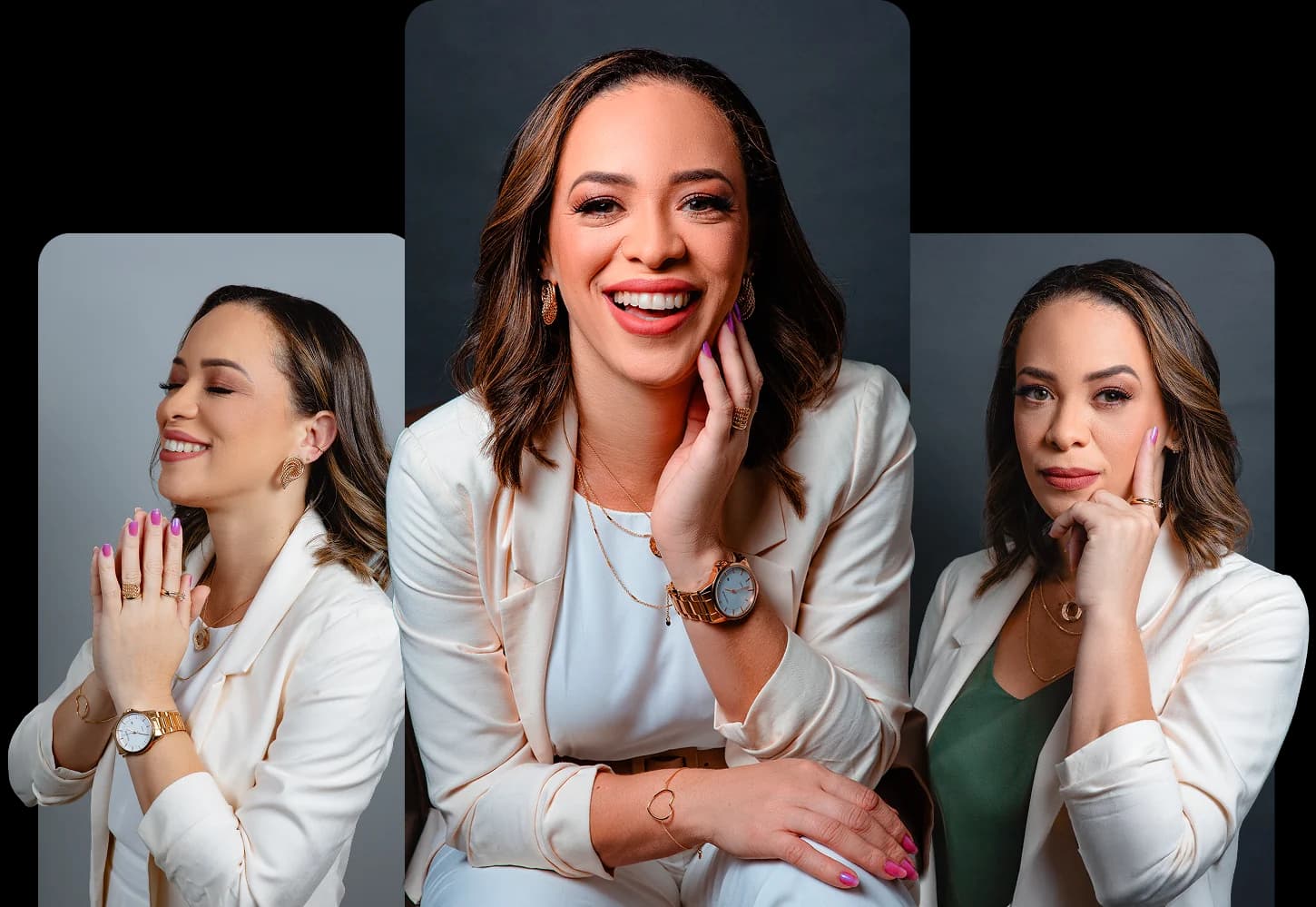 Patrícia em três retratos, de blazer claro, sorrindo e olhando para a câmera